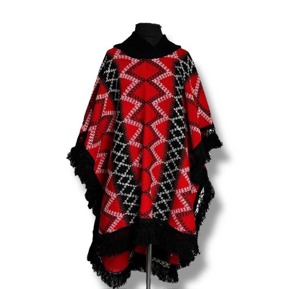 Vintage 60s 70s Knitted Red Black Plaid Poncho Fringe Hippie Boho Psychedelic OS